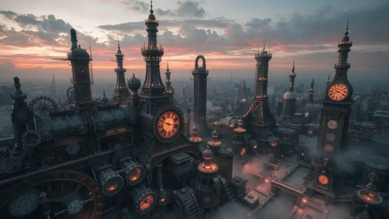 steampunk city with intricate gears and glowing towers