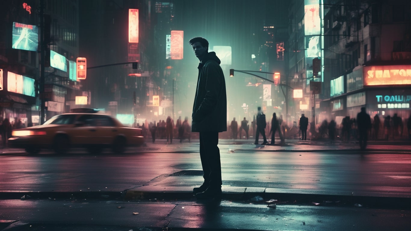 A lone man at a city intersection during a premonition of death, with pedestrians and a looming vehicle frozen in mid-motion.