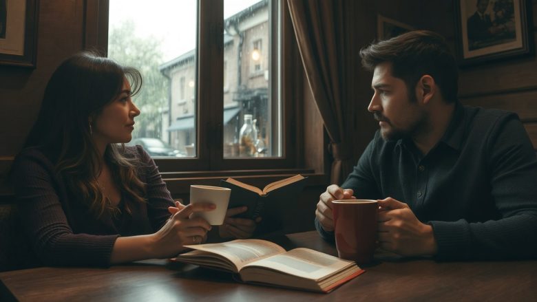 A cozy café scene where two lovers share a meaningful glance over coffee, their notebooks filled with stories yet to be written.