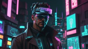 Cyberpunk crime investigation in a futuristic cityscape with neon lights and digital evidence.