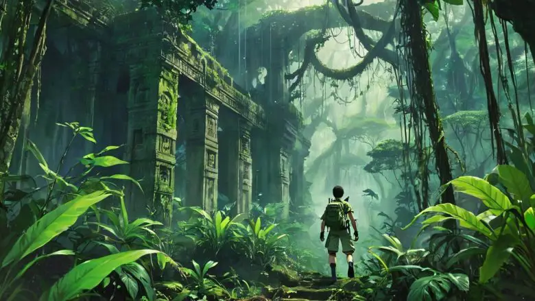 A determined adventurer trekking through a rainforest, showcasing jungle survival.