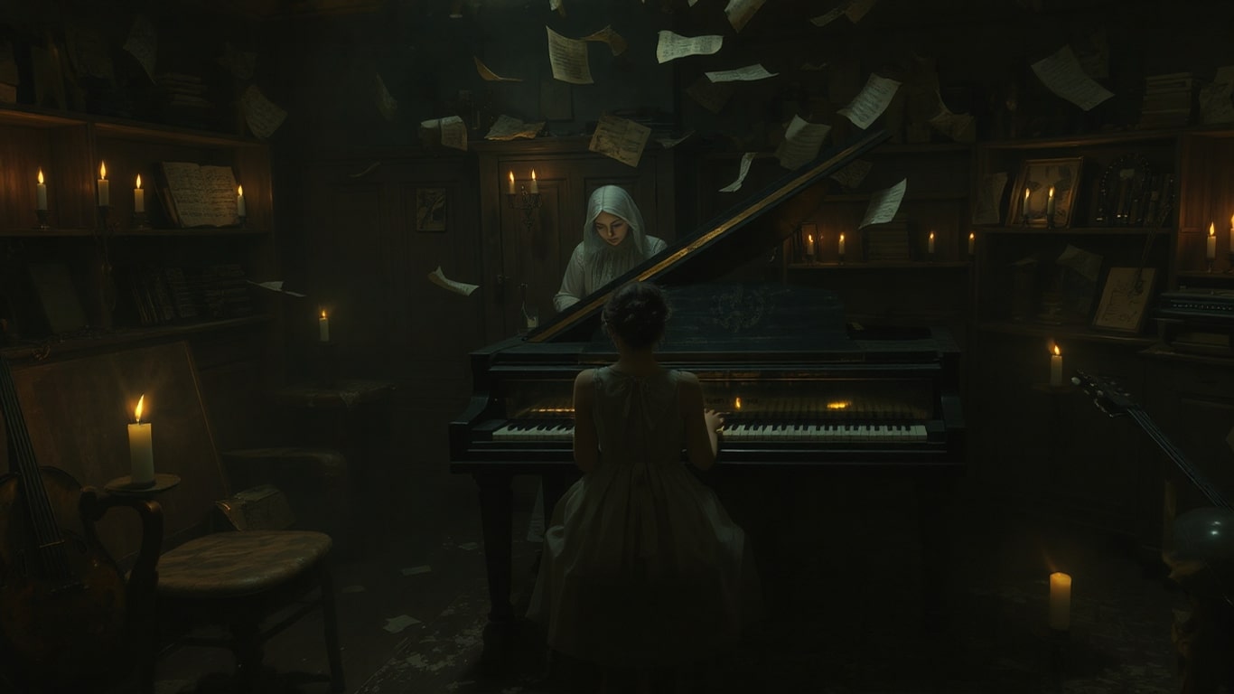 A grand piano in a haunted music shop, bathed in dust-filtered light, with a Victorian-era ghostly figure standing nearby