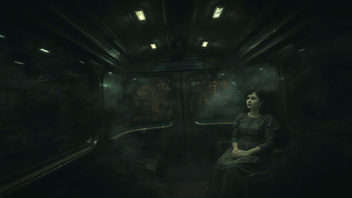 Inside a cursed passenger train, a lone traveler stares into the swirling dark outside, surrounded by ghostly silhouettes in dim seats.