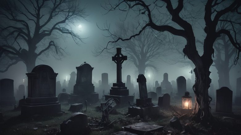 Moonlit graveyard scene revealing abandoned cemetery secrets among worn headstones and drifting silhouettes.