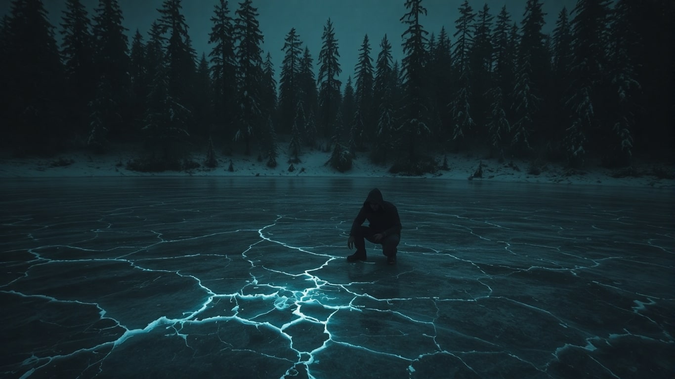 A solitary figure at night gazes at a haunted frozen lake, where ghostly shapes glow beneath the translucent ice.