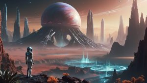 terraforming AI reshaping an alien planet under a vibrant, futuristic sky