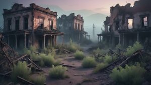 Eerie ghost town with abandoned ruins and overgrown vegetation.