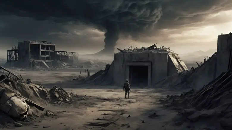 post apocalyptic story scene with a lone survivor carrying a rifle across a dust-choked wasteland