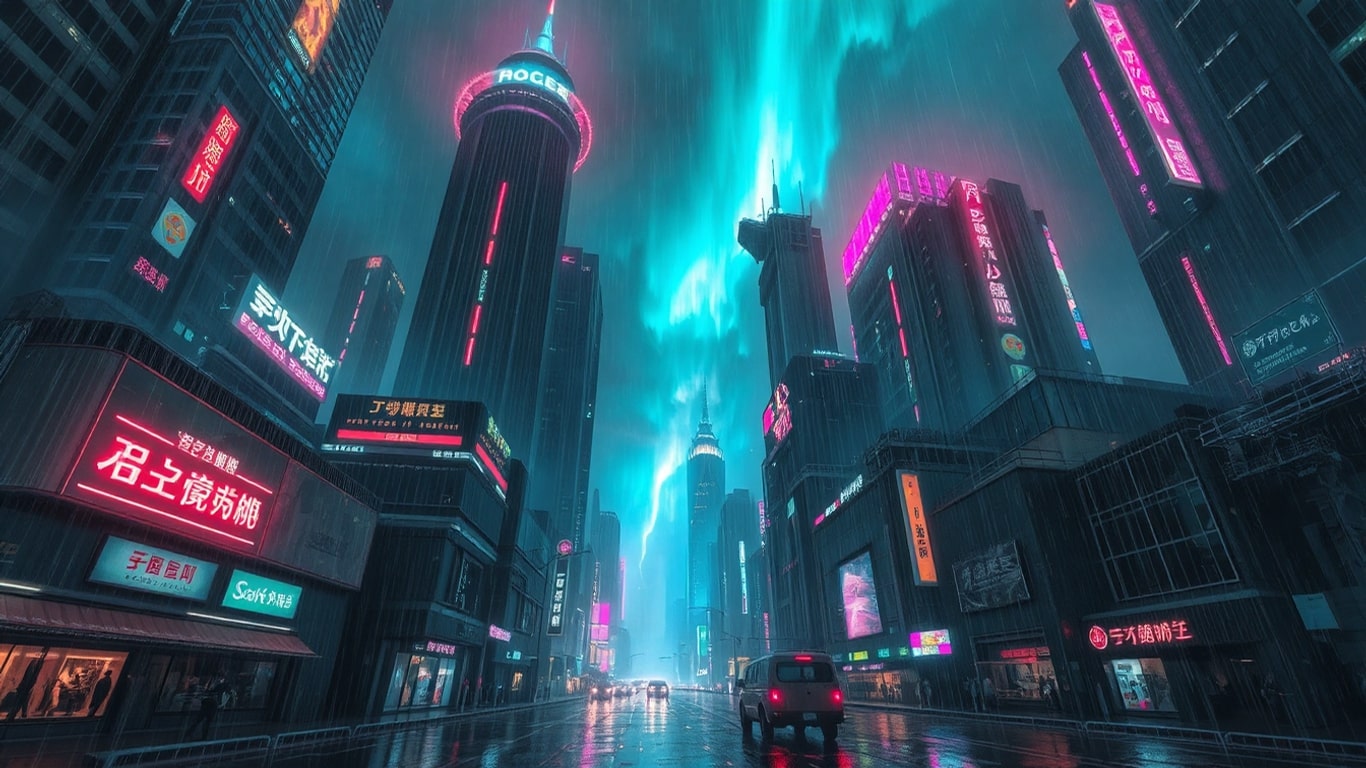 A tense figure holding a glowing data shard against a neon city skyline, symbolizing cyberpunk city secrets ready to be exposed.