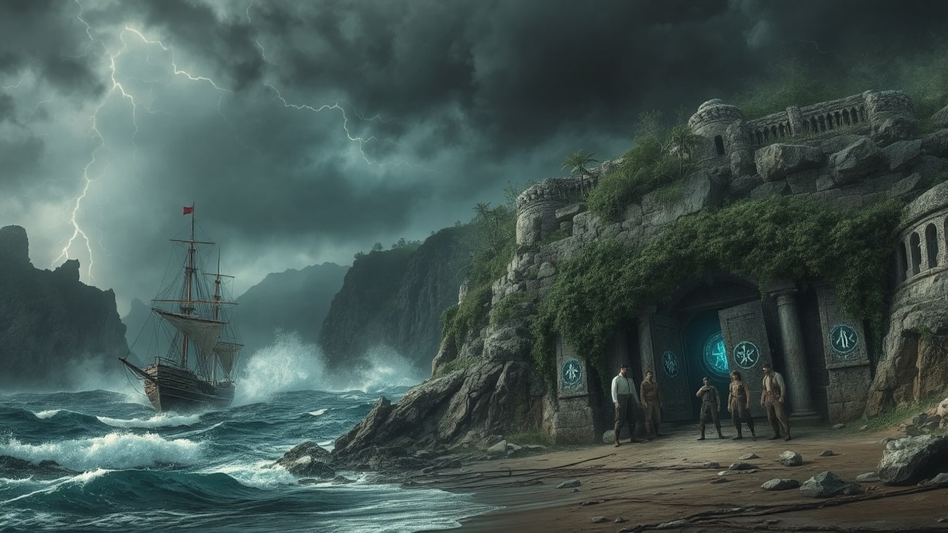 A storm-tossed ship approaches a dark coastline, symbolizing a cursed island journey into ancient ruins and unknown terror.