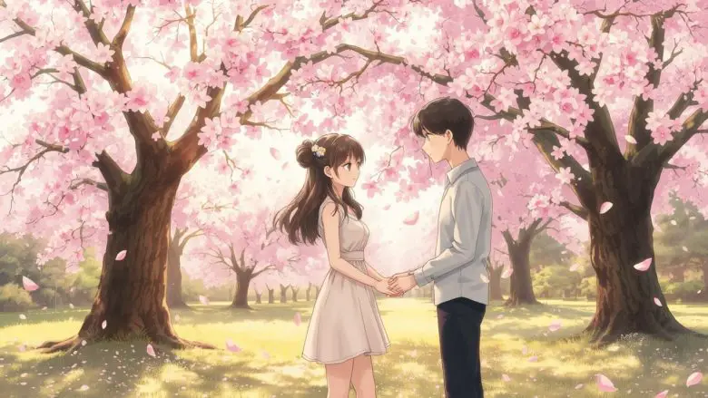 spring romance in a blooming park under cherry blossoms