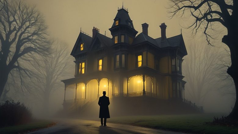 The vanishing house stands as a mysterious ghostly abode in a foggy, eerie landscape.