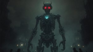 steampunk detective thriller featuring a mechanical figure with glowing eyes in a Victorian city