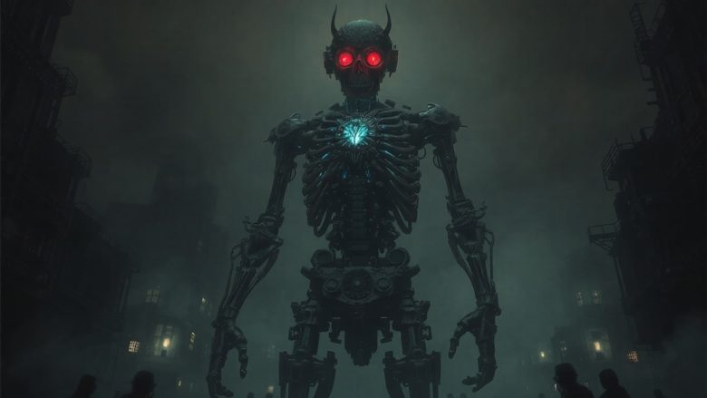 steampunk detective thriller featuring a mechanical figure with glowing eyes in a Victorian city