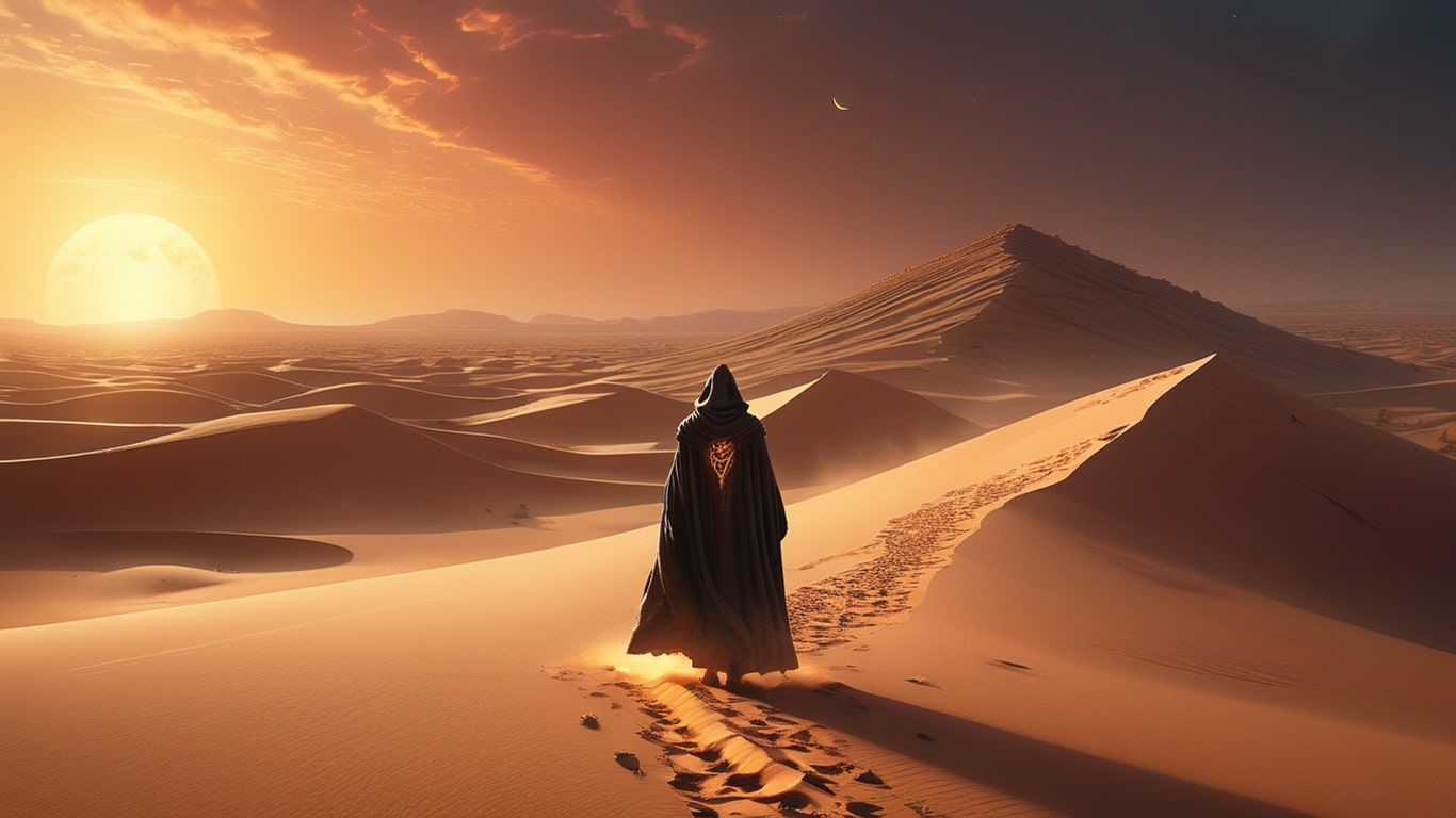 A lone traveler kneels by a lush lost desert oasis, black pillars in the background, revealing a hidden paradise amid golden dunes.