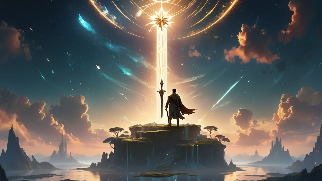 A determined magister holds a radiant orb during his Arcane Star Quest, standing by a towering frozen fortress under starlit skies.