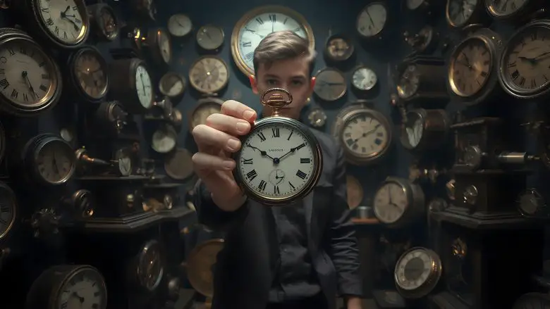 enchanted vintage clock displayed in an old workshop filled with glowing lanterns and swirling dust