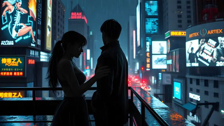 dystopian romance story in a neon-lit dome city with two lovers on a rooftop