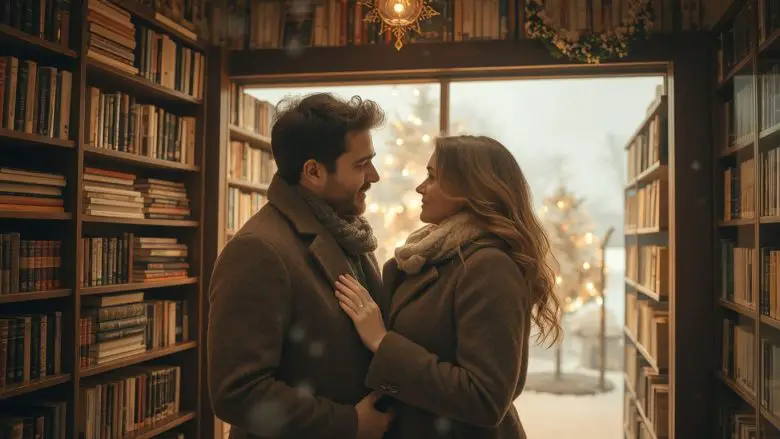 A couple immersed in a bookstore romance, connecting over shared love for literature.