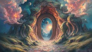 A mystical scene depicting parallel worlds.