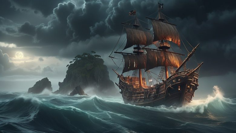 A pirate ship battling stormy seas engaged in treasure hunt.