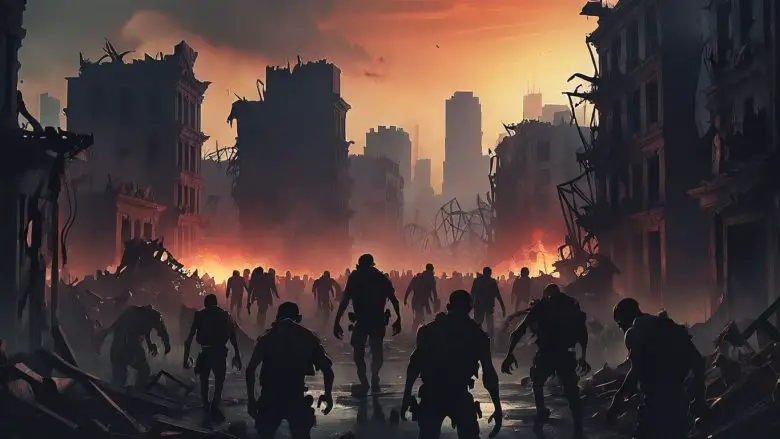 A haunting scene of a Zombie Apocalypse with the undead roaming a devastated city.