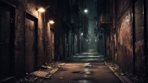 A gritty urban alley at night, mysterious evidence, evoking the aura of dark secrets.