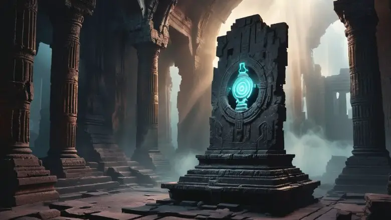 A mysterious dark artifact in an ancient temple.