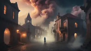 A dreamy depiction of lost memories in a mystical townscape.